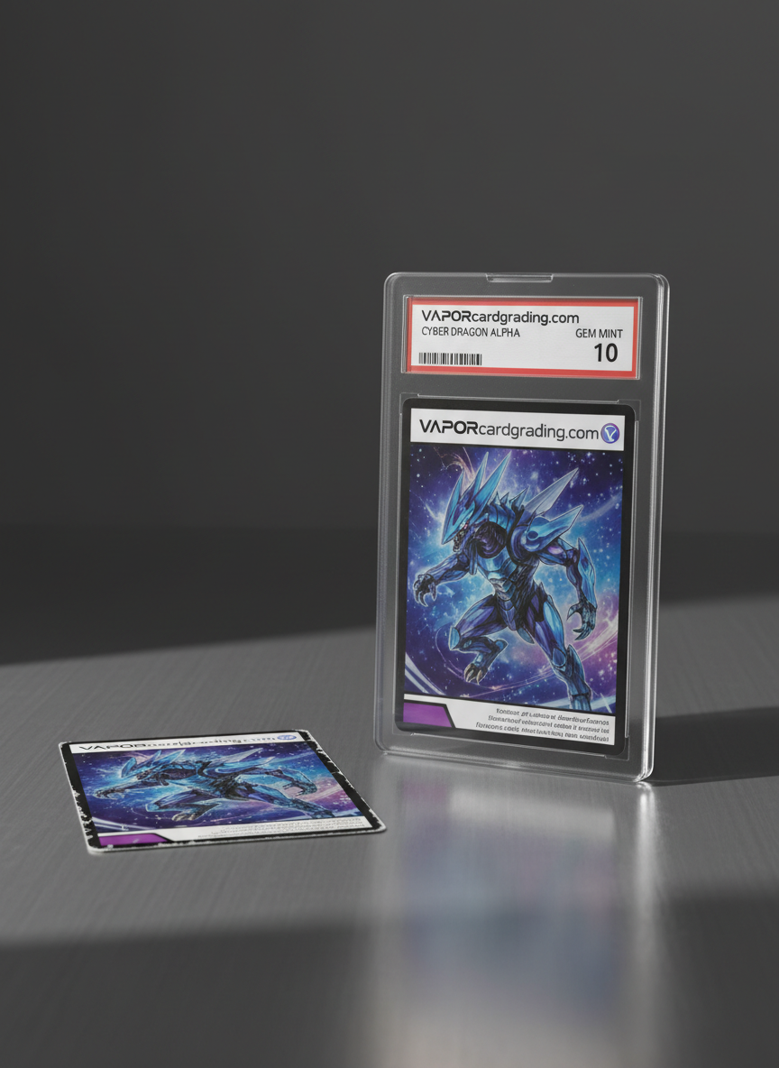 A dramatic side-by-side comparison of a raw trading card and the same card encapsulated in a premium plastic slab from “VAPORcardgrading.com,” placed on a brushed metal surface. The raw card lies flat, edges slightly imperfect, while the graded version stands upright in its crystal-clear case with a prominent label and high grade. Directional studio lighting from the left creates a gentle spotlight on the encased card, casting a soft shadow from the slab and subtle sheen across the metal background. The raw card remains visible yet understated. Captured at a three-quarter angle with shallow depth of field, the focus draws toward the graded card’s clarity and protection. The mood is transformative and aspirational, emphasizing the value added by professional grading in a clean, modern, photographic style.