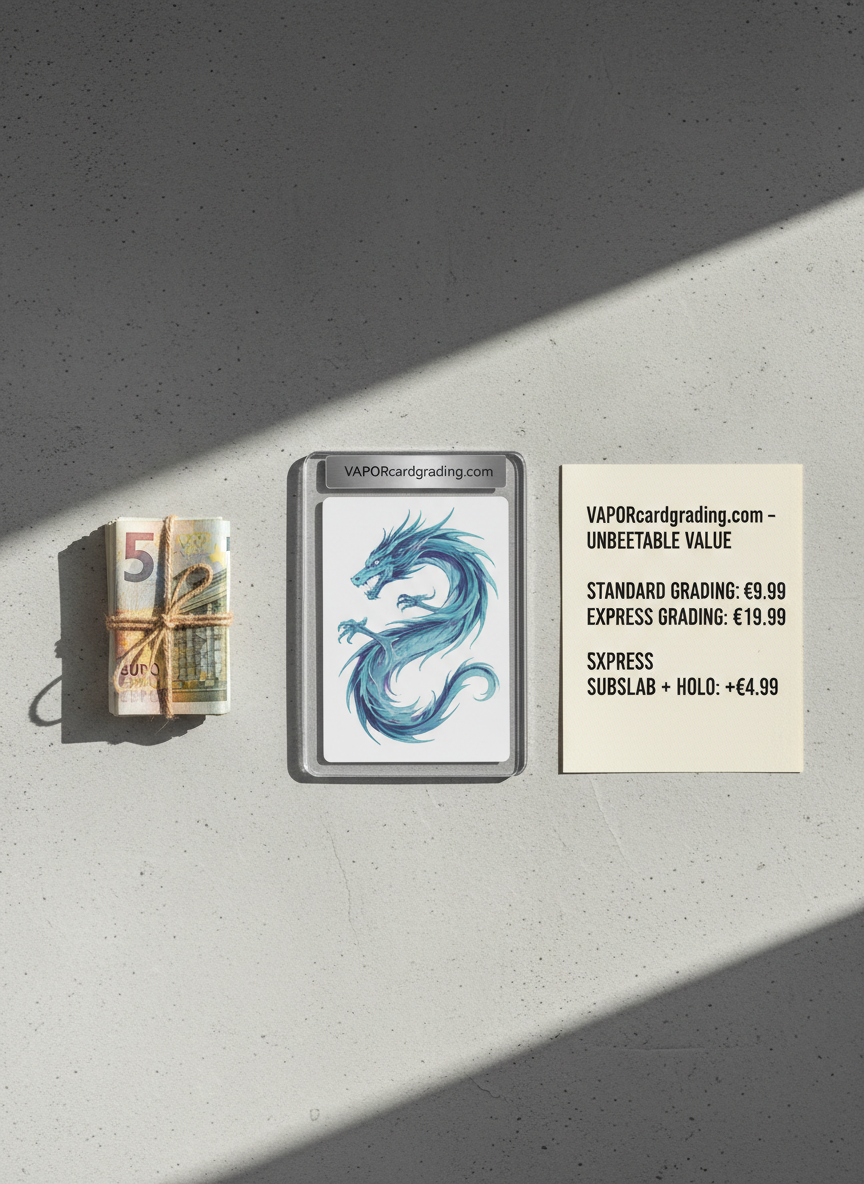 A minimalist, photographic flat lay highlighting affordability and value: a single, beautifully graded custom art card in a clear slab from “VAPORcardgrading.com” centered on a light concrete-textured surface. Beside it, a small stack of neatly arranged currency bills and a simple printed rate card with clearly visible low prices reinforce the cost-effective message. Soft, natural window light washes in from the right, casting gentle, elongated shadows and revealing the subtle texture of the slab and paper. The composition uses ample negative space and a top-down perspective to feel modern, clean, and easy to read. The mood is transparent, honest, and budget-friendly without sacrificing professionalism, ideal for a pricing or promotions section on the website.