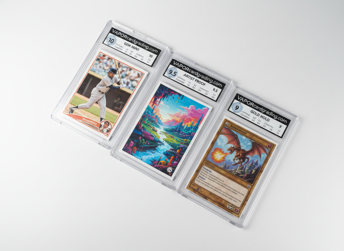A trio of graded trading cards, including a sports card, a custom art card, and a TCG card, arranged in a clean diagonal line across a smooth white surface. Each card is sealed in a uniform, high-clarity plastic slab with consistent, professional labels from “VAPORcardgrading.com” displaying grades and subgrades. Soft, even studio lighting eliminates harsh shadows and reveals the cards’ textures and vibrant colors. Faint reflections from the slabs add depth without distraction. Shot from a slightly elevated angle with sharp focus across all three cases, the composition uses the rule of thirds to create balance. The background is minimalist and uncluttered, reinforcing affordability and professionalism. The overall look is bright, modern, and photographic, ideal for a services overview section emphasizing versatility across card types.