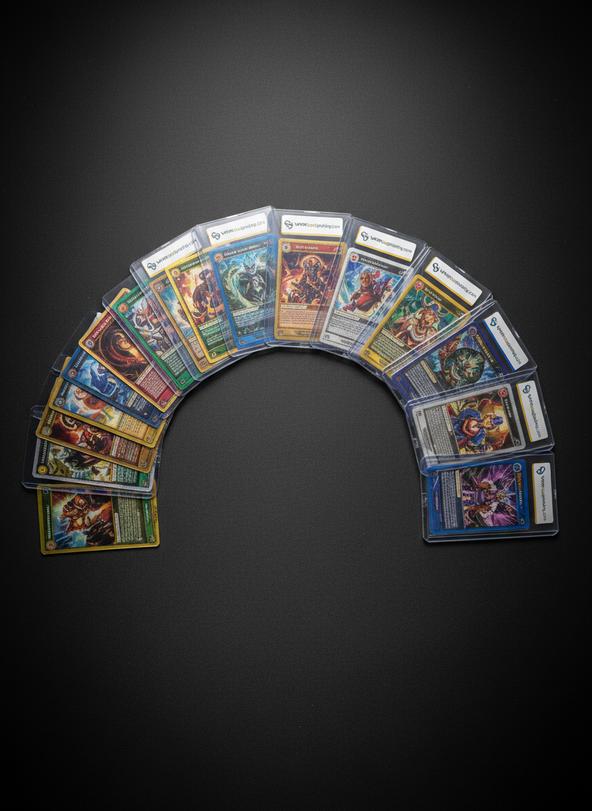 A curated selection of colorful TCG cards in various rarities arranged in an arc, transitioning smoothly from ungraded cards at one end to fully slabbed, graded cards at the other, all branded with “VAPORcardgrading.com” labels. The scene is set on a dark, matte surface that contrasts with the vibrant card art and gleaming plastic cases. Overhead softbox lighting creates even illumination with subtle highlights along the edges of the slabs, emphasizing protection and quality. A gentle vignette darkens the corners, pulling attention toward the progression of grading. Shot from a slightly elevated angle, the depth of field keeps the entire arc sharp, showcasing the journey from raw to graded. The atmosphere is energetic yet professional, ideal for communicating grading benefits to TCG collectors.
