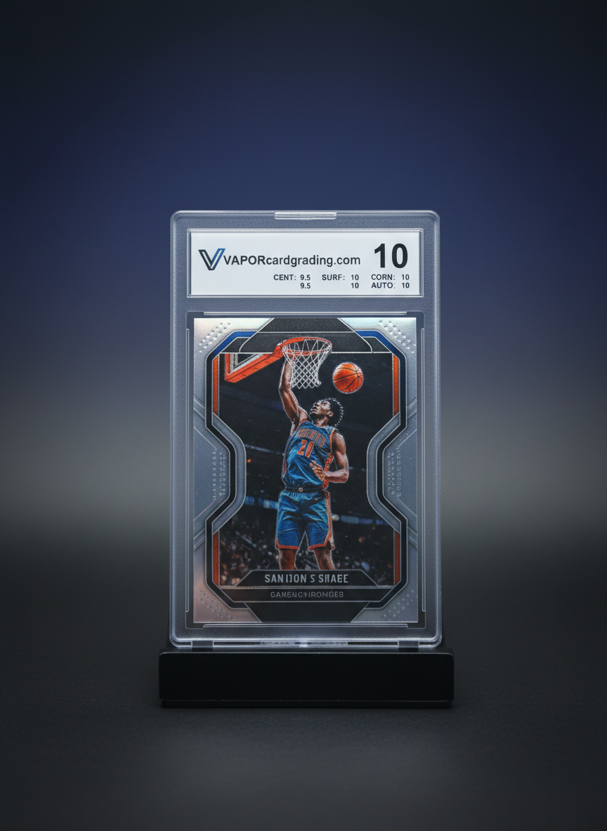 A close-up, photographic image of a single graded sports card encased in a pristine, crystal-clear plastic slab, standing upright on a matte black display stand. The slab’s surface is flawless, catching subtle highlights from overhead soft-box studio lighting. The top label displays a sharp logo for “VAPORcardgrading.com,” a bold grade number, and tiny, legible subgrades, all in a modern, professional typeface. The card artwork beneath bursts with vivid color and crisp detail. The background is a smooth gradient from deep navy to steel grey, gently blurred to keep full attention on the graded card. Captured from a slightly low angle to give the slab presence and authority, the mood is confident, precise, and premium, ideal for showcasing grading quality and brand identity.