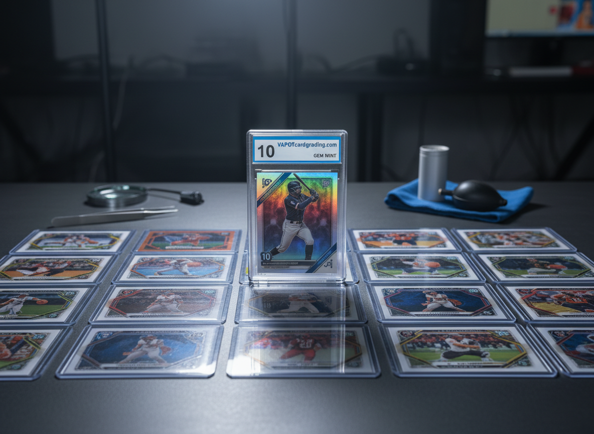 A neatly arranged spread of modern sports and trading cards placed on a sleek, charcoal-grey grading table. At the center, a single premium card is encased in a crystal-clear, tamper-evident plastic slab with a bold, professional label reading “VAPORcardgrading.com” and a sharp numerical grade. Around it, raw cards in perfect rows sit beside precision tools and microfiber cloths. Cool, diffused studio lighting from above creates gentle reflections on the case and soft shadows along the table, emphasizing cleanliness and precision. Shot at eye level with a shallow depth of field, the encased card is in razor-sharp focus while the background softly blurs. The atmosphere is professional, meticulous, and trustworthy, rendered in clean, photographic realism for a polished business homepage hero image.