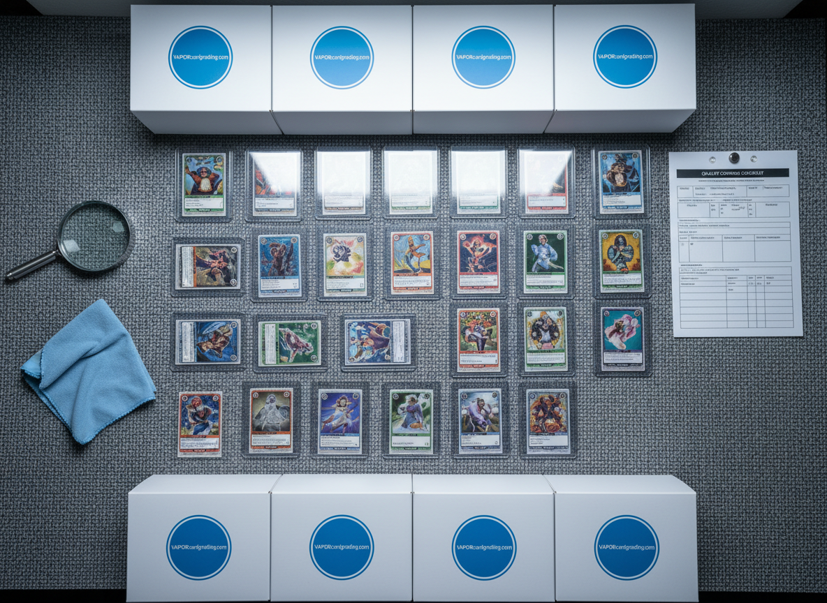 An overhead, photographic view of a grading workstation featuring a grid-aligned layout of trading cards, semi-rigid holders, clear plastic slabs, and labeled boxes marked with the “VAPORcardgrading.com” logo. A grey anti-static mat covers the desk, its subtle texture visible under cool, diffused LED panel lighting. A magnifying loupe, soft microfiber cloth, and labeled grading checklist add technical detail and credibility without any human presence. Shadows are soft and controlled, emphasizing order and precision. The composition is symmetrical and satisfying, with clean lines and carefully spaced objects, conveying an efficient, organized grading process. The atmosphere feels methodical, trustworthy, and professional, captured in crisp photographic realism, perfect for an “Our Process” or “How It Works” page illustration.