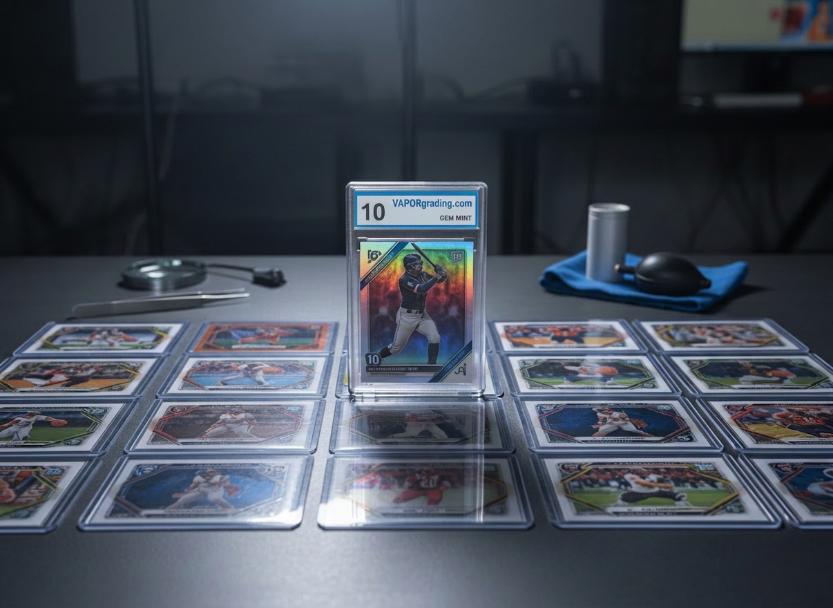 A neatly arranged spread of modern sports and trading cards placed on a sleek, charcoal-grey grading table. At the center, a single premium card is encased in a crystal-clear, tamper-evident plastic slab with a bold, professional label reading “VAPORcardgrading.com” and a sharp numerical grade. Around it, raw cards in perfect rows sit beside precision tools and microfiber cloths. Cool, diffused studio lighting from above creates gentle reflections on the case and soft shadows along the table, emphasizing cleanliness and precision. Shot at eye level with a shallow depth of field, the encased card is in razor-sharp focus while the background softly blurs. The atmosphere is professional, meticulous, and trustworthy, rendered in clean, photographic realism for a polished business homepage hero image.
